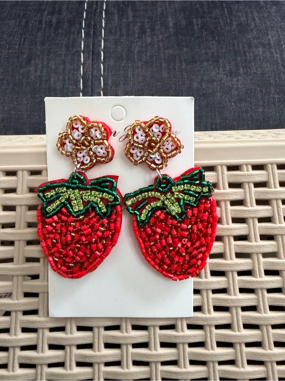 Beaded Red Strawberry Drop Earrings with Green Leaves - Fashion Jewelry